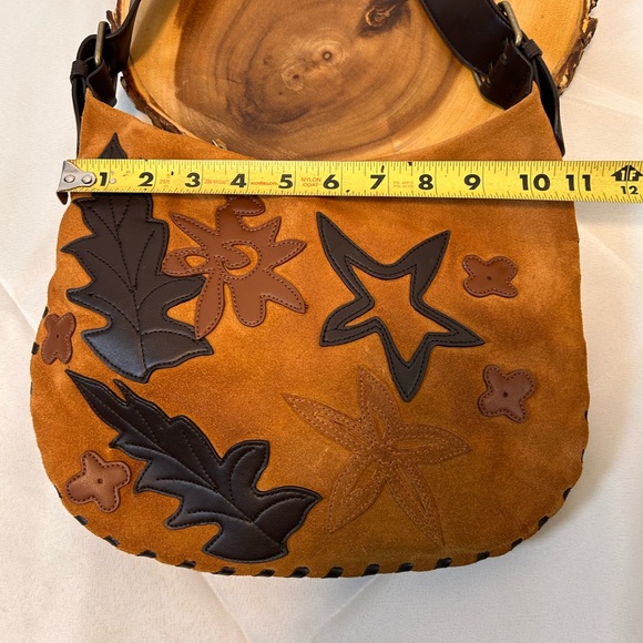 Bisou Bisou Michele Bohbot genuine tan suede small shoulder purse with leaves - Picture 7 of 16